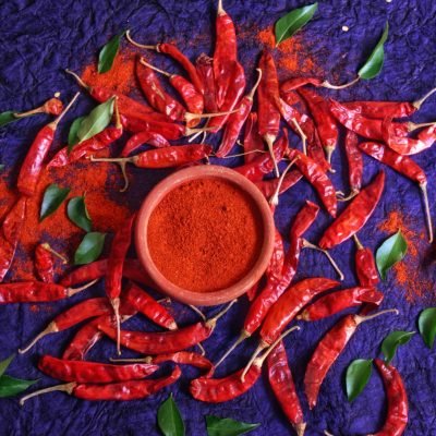 Vibrant red chili peppers and powder arranged on a textured purple background, offering a bold culinary theme.